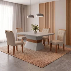 Mesa 120cm Clarice e 4 Cadeiras Valentina Bege/Linho Grafite/Off White/Imbuia Yescasa Linho Grafite/Off White/Imbuia