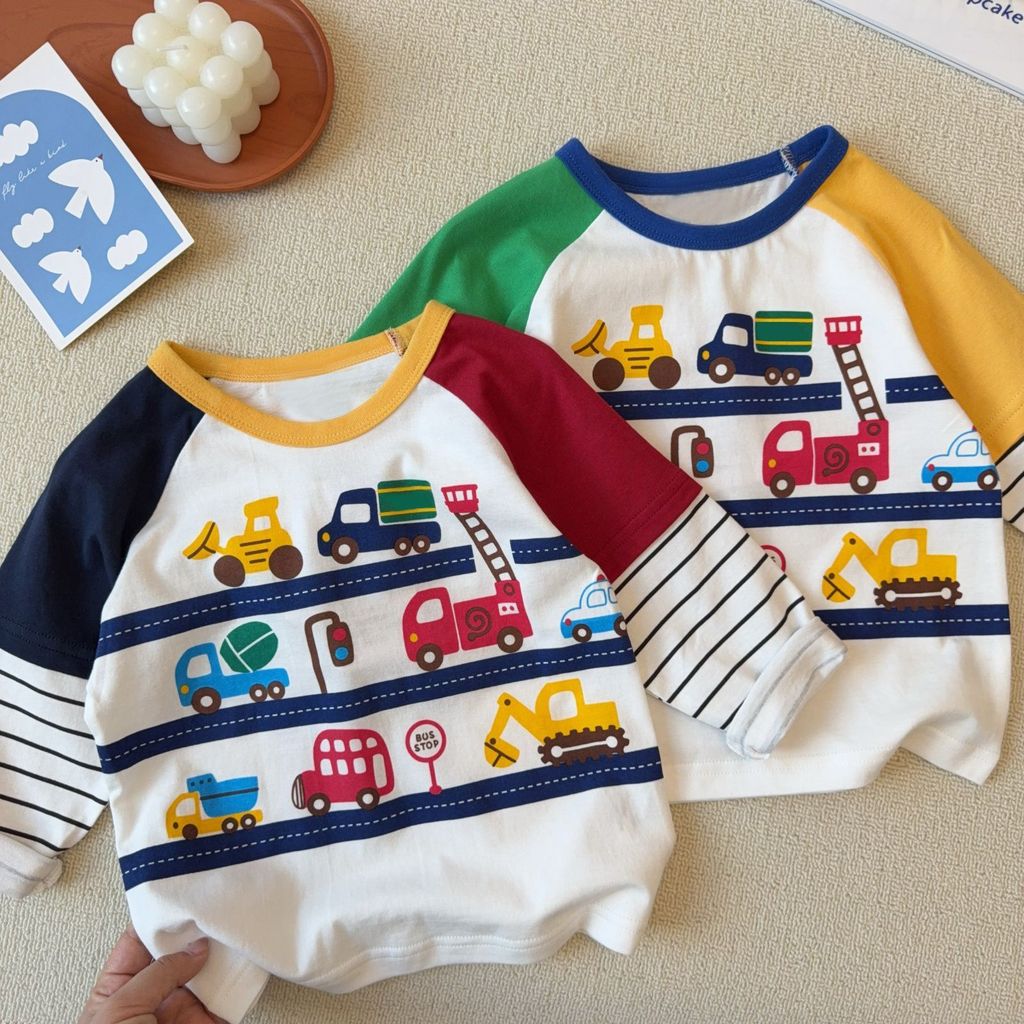 Meninos camiseta de manga comprida primavera outono versão coreana puro algodão dos desenhos animados carro impressão Ra