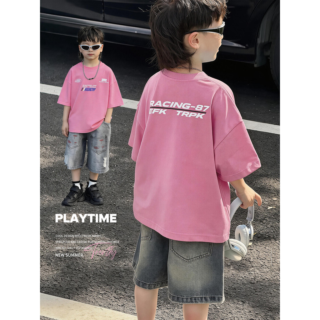 Crianças verão rosa manga curta camiseta meninos solto puro algodão impresso topo verão meninos versão coreana meia mang