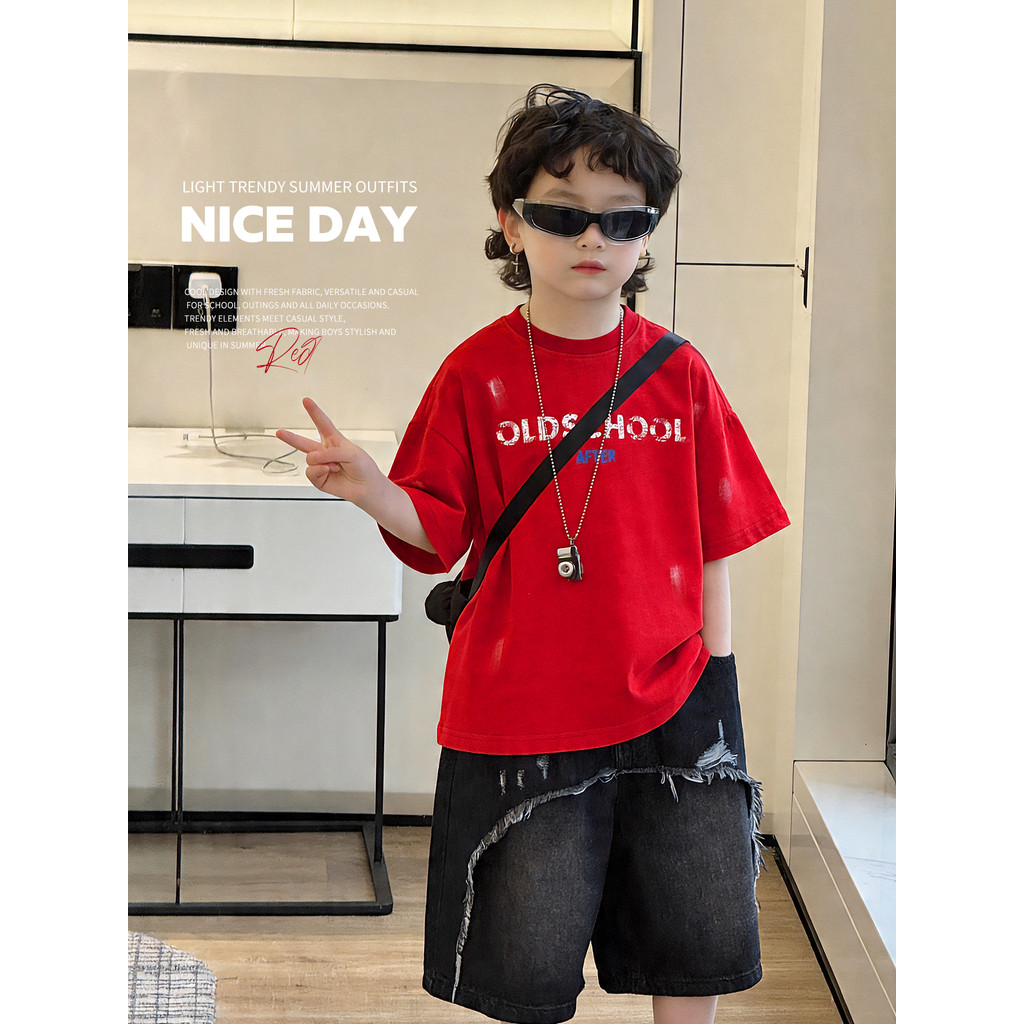 Meninos vermelho de manga curta camiseta crianças Slub algodão em torno do pescoço topo moda médio grande crianças roupa