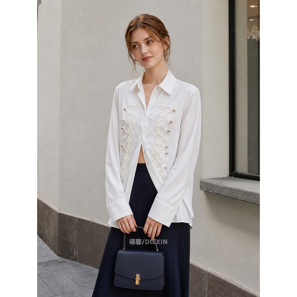 2026 outono novo estilo versão coreana tridimensional bordado camisa de manga comprida feminina lapela branca elegante t