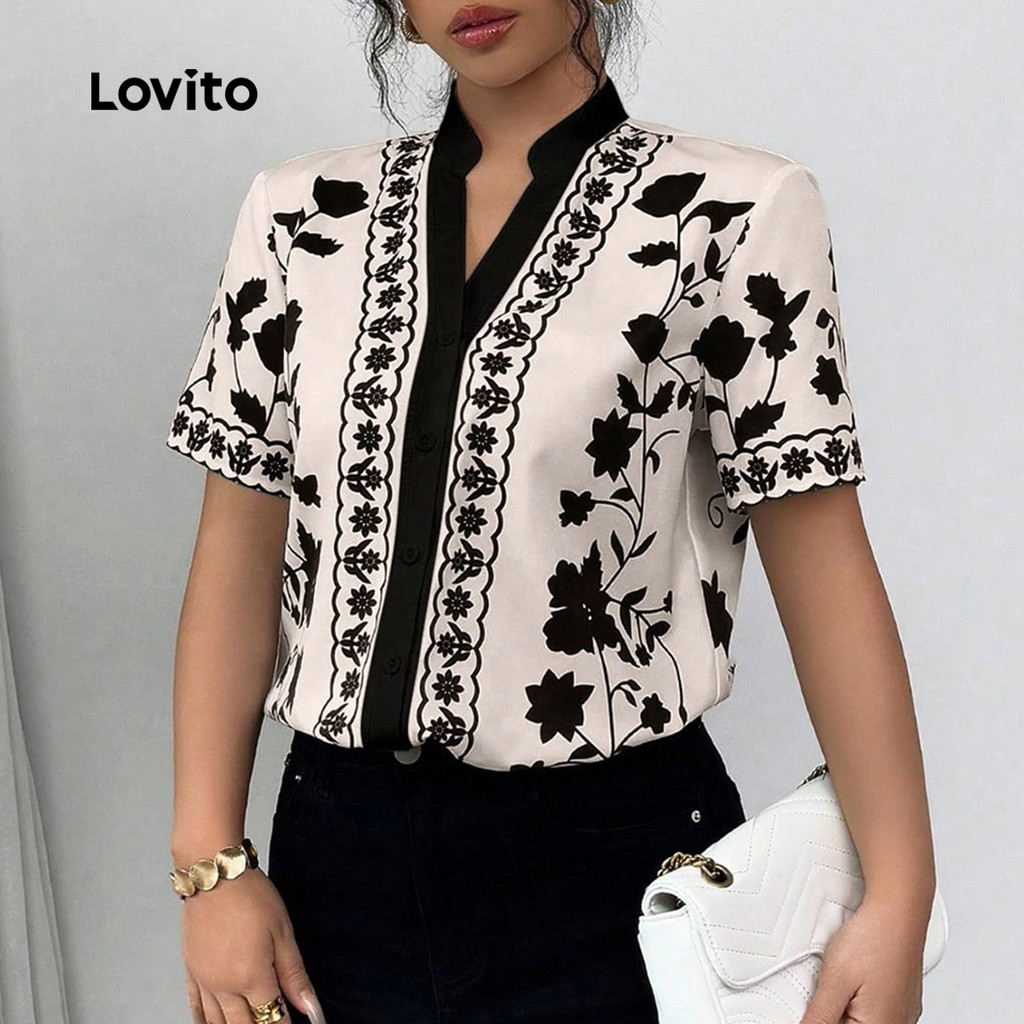 Detalhes do Lovito Blusa Feminina Casual Primavera Verão LBL29309