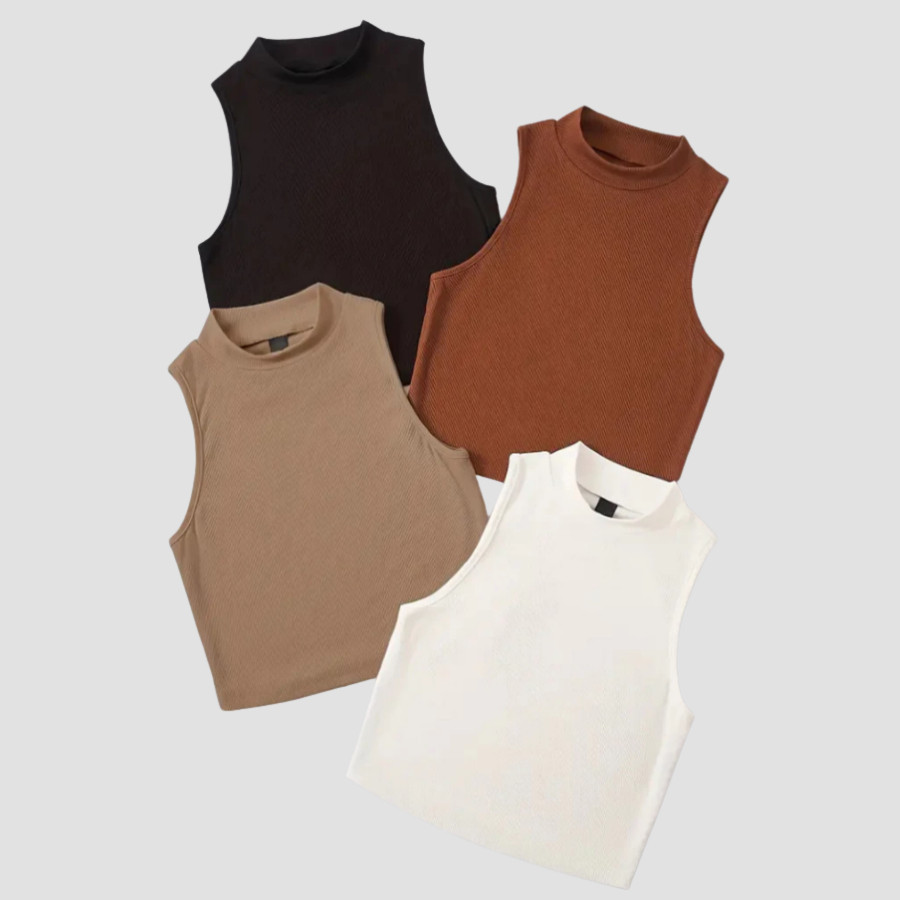 Kit 5 Blusinha Cropped Gola Alta Canelada Top Feminino Ribana Sem Manga Regata Elegante