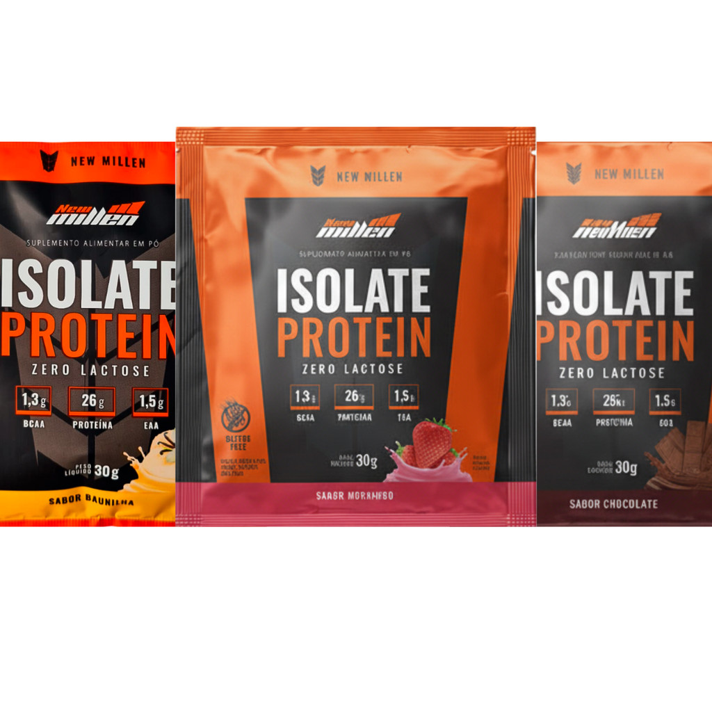 KIT 3 WHEY PROTEIN ISOLADO BAUNILHA MORANGO CHOCOLATE 21G DE PROTEINA SACHE