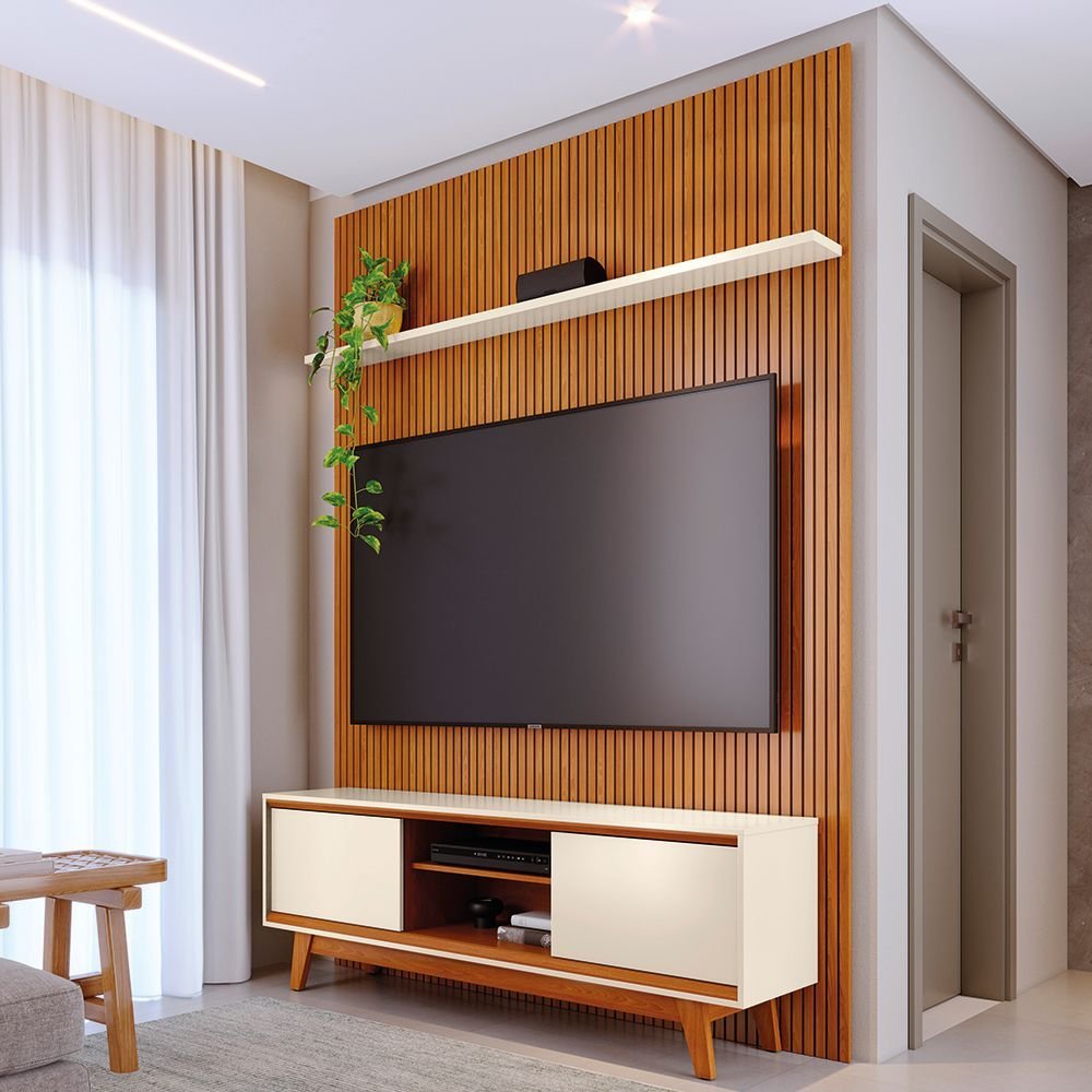 Rack com Painel MDF Frisado para Tv até 65 Polegadas Milo Cinamomo/Off White em Oferta na Shopee
