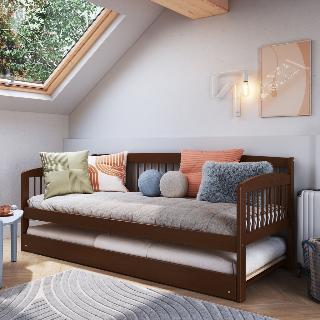 Sofá Cama e Cama Auxiliar Andover de Madeira Maciça com Lastro Walnut em Oferta na Shopee