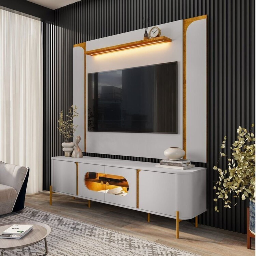 Rack com Painel até 75 Polegadas Pés em Aço 180cm Juquehy Maresias Off White/Naturalle em Oferta na Shopee