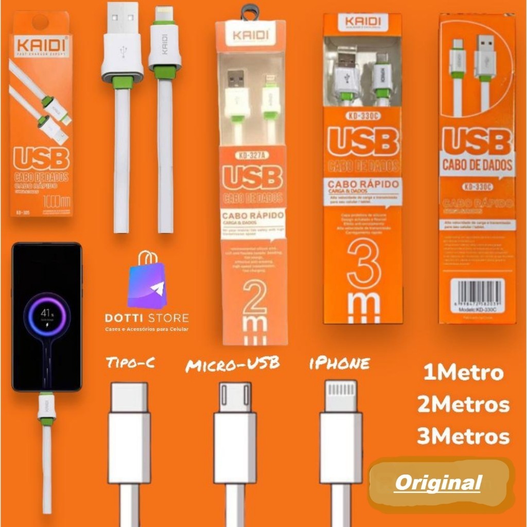 Cabo 1, 2 e 3 Metros Kaidi turbo rápido iPhone / Micro-USB e Tipo-C em Oferta na Shopee