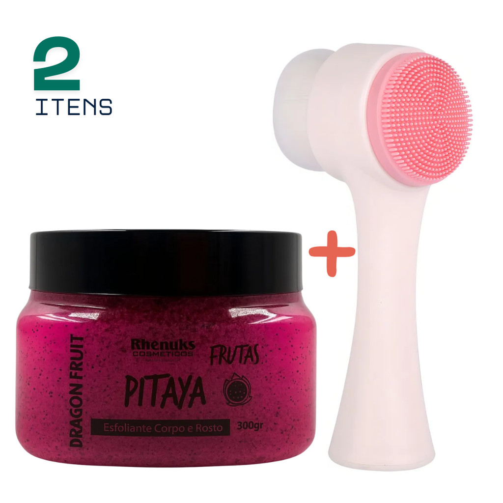 Kit Esfoliante Corporal 300g PITAYA + Escova Massageadora Esfoliante Esponja Limpeza Facial 2 Em 1