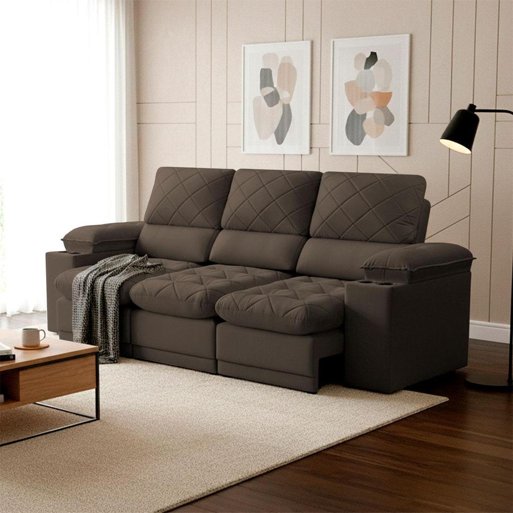 Sofá Veneza 2,40m Retrátil Reclinável Marrom USB e Porta Copos - King House