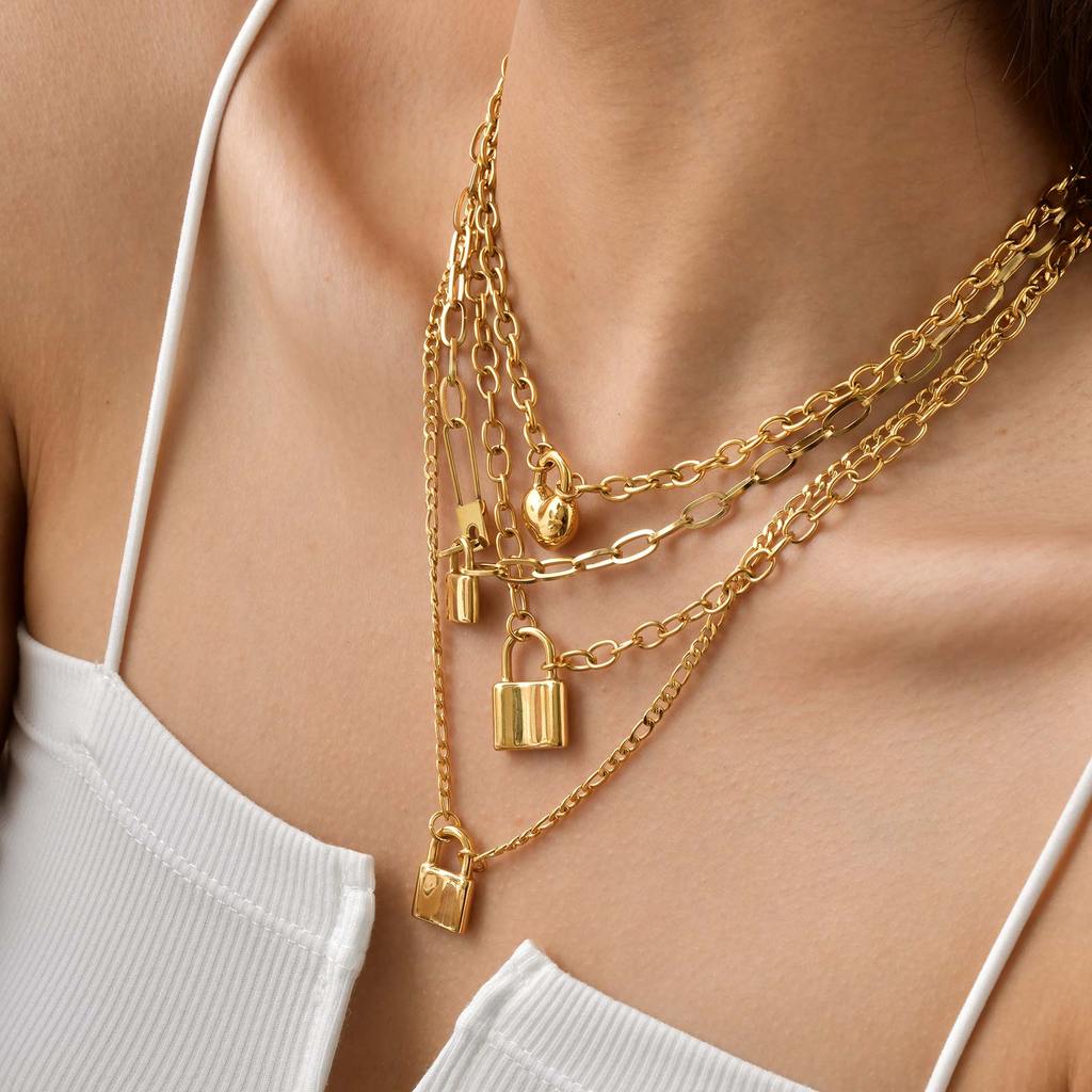 Vnox Feminino Ouro Em Forma De Coração Cadeado Pingente Colar Coleção Banhado A Não Desbotamento & Hipoalergênico Jóias · foto 2