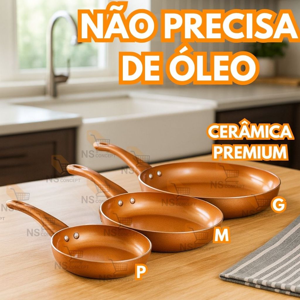 Imagem Conjunto 3 Frigideiras de Cerâmica Antiaderente Cobre Premium, Cabo Ergonômico Revestimento Durável Cozinha Moderna