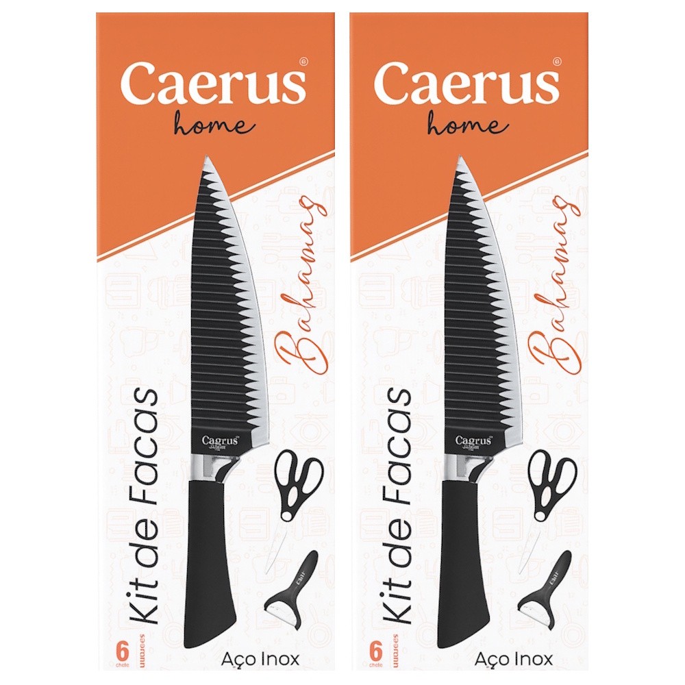 2 Jogos De Facas Bahamas Caerus Home 6 Peças Cada Aço Inox Cabo Ergonômico Com Tesoura e Descascador