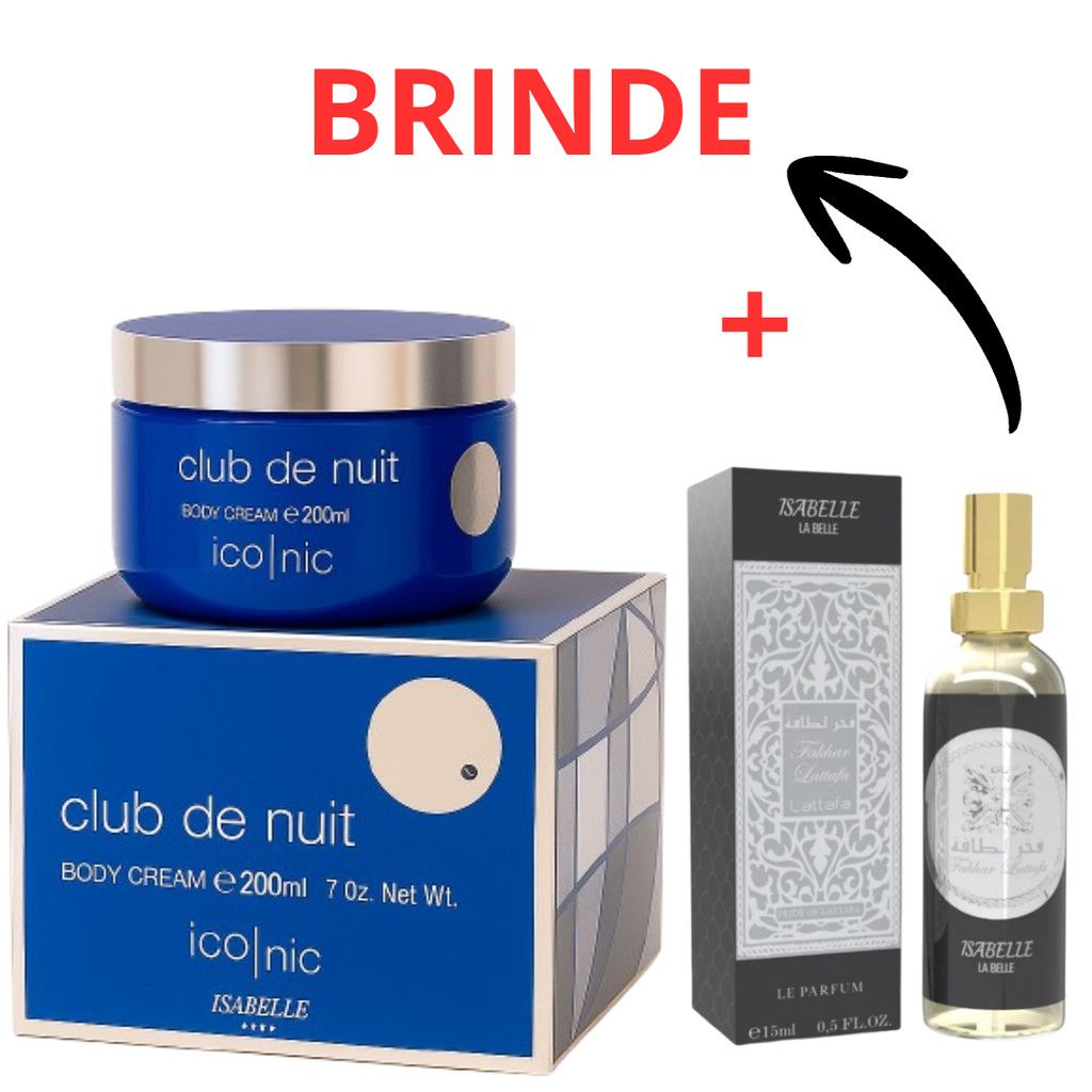Kit Creme Club de Nuit Iconic Pote e + Perfume Arabe Fakhar Black 15ml Hidratante Corporal 200ml