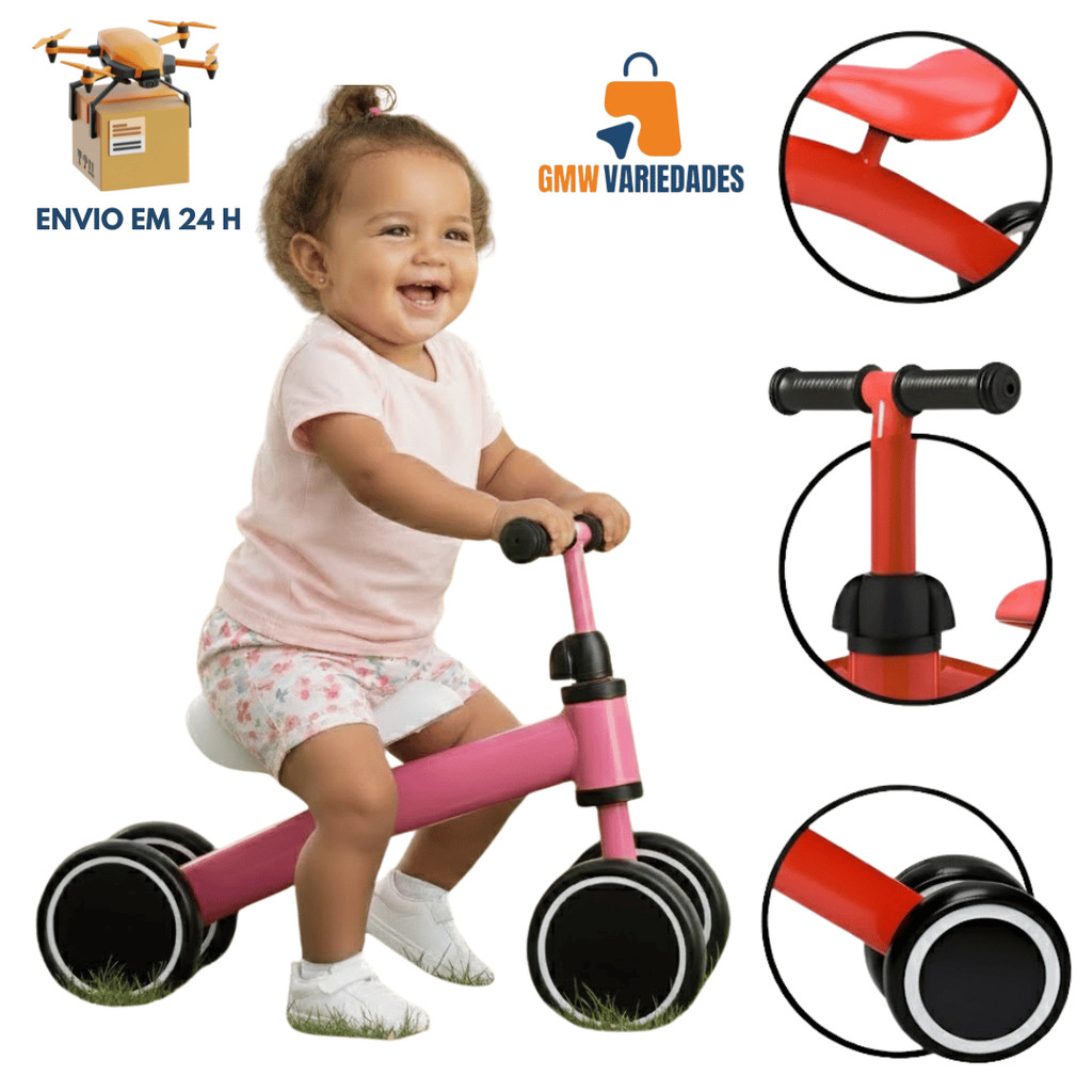 Bicicleta de Equilíbrio Infantil Bibi Bike Andador Sem Pedal 4 Rodas Aprender a Pedalar Rosa Azul Vermelho Amarelo
