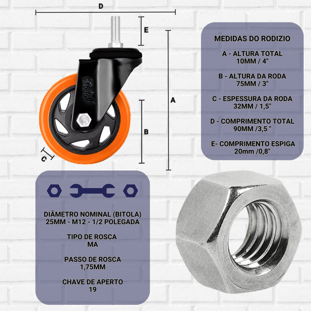 Kit 2 Rodizio Para Moveis Pesados Com Espiga Rodinhas Roda Grande 3" Polegadas Reforçada 75mm Rrj