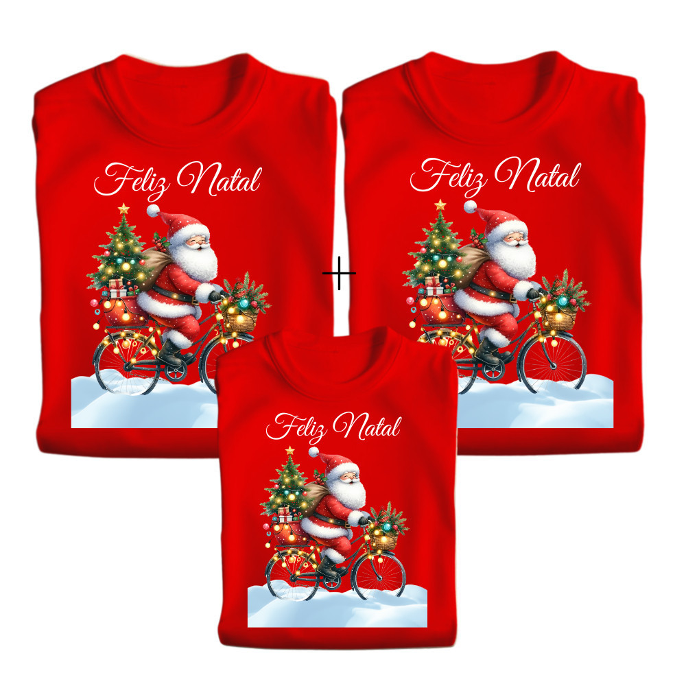 Kit Com 3 Camisetas de Natal Personalizadas Papai Noel de Bicicleta 100% Algodão Qualidade e Conforto Envio Rápido