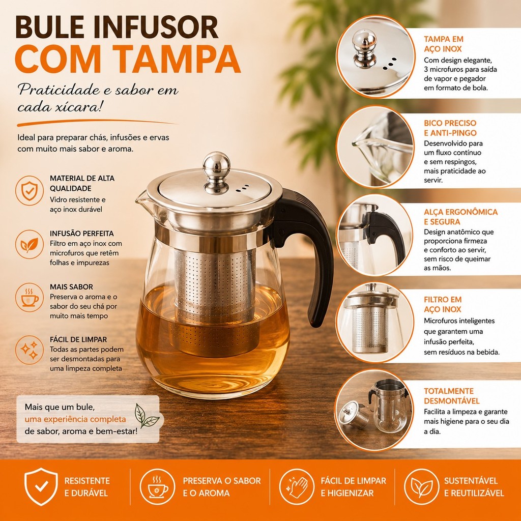 Chaleira de Chá Vidro 500ml com Infusor Bule Transparente Chá Ervas e Café Premium Super Resistente.