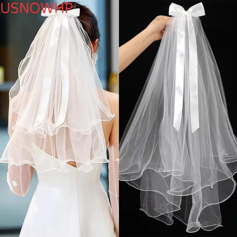 USNOWHP 2 Peças De Faixa De Cabeça De Camada Dupla , Gaze Elegante Noiva Amarrada Com Laço , Cocar Decorativo De Grampo