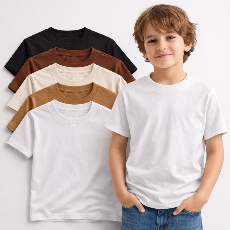 Kit 5 Camisetas Premium Infantil Várias cores 100% Algodão Penteado Menino Menina Gola Canelada