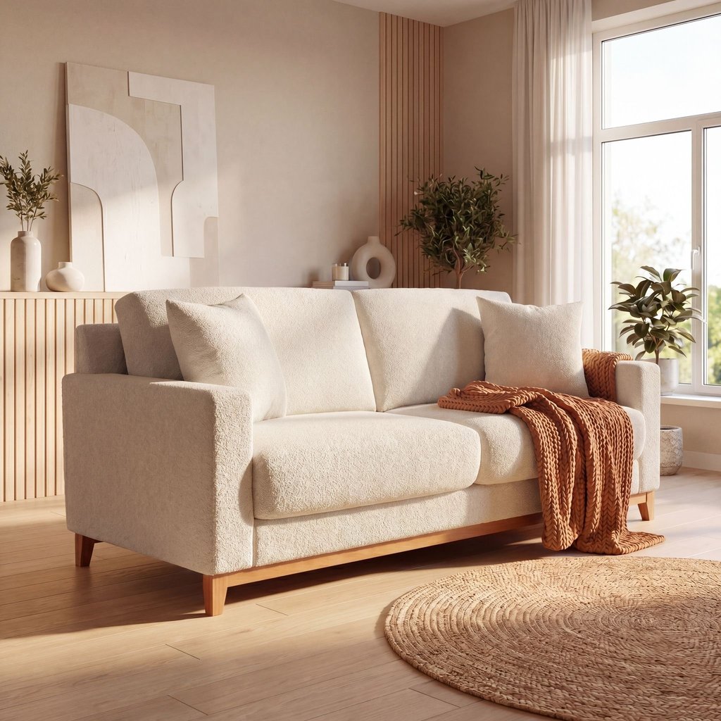 Sofá Living Vintage 3 Lugares 220cm em Boucle Slim Bege Bege