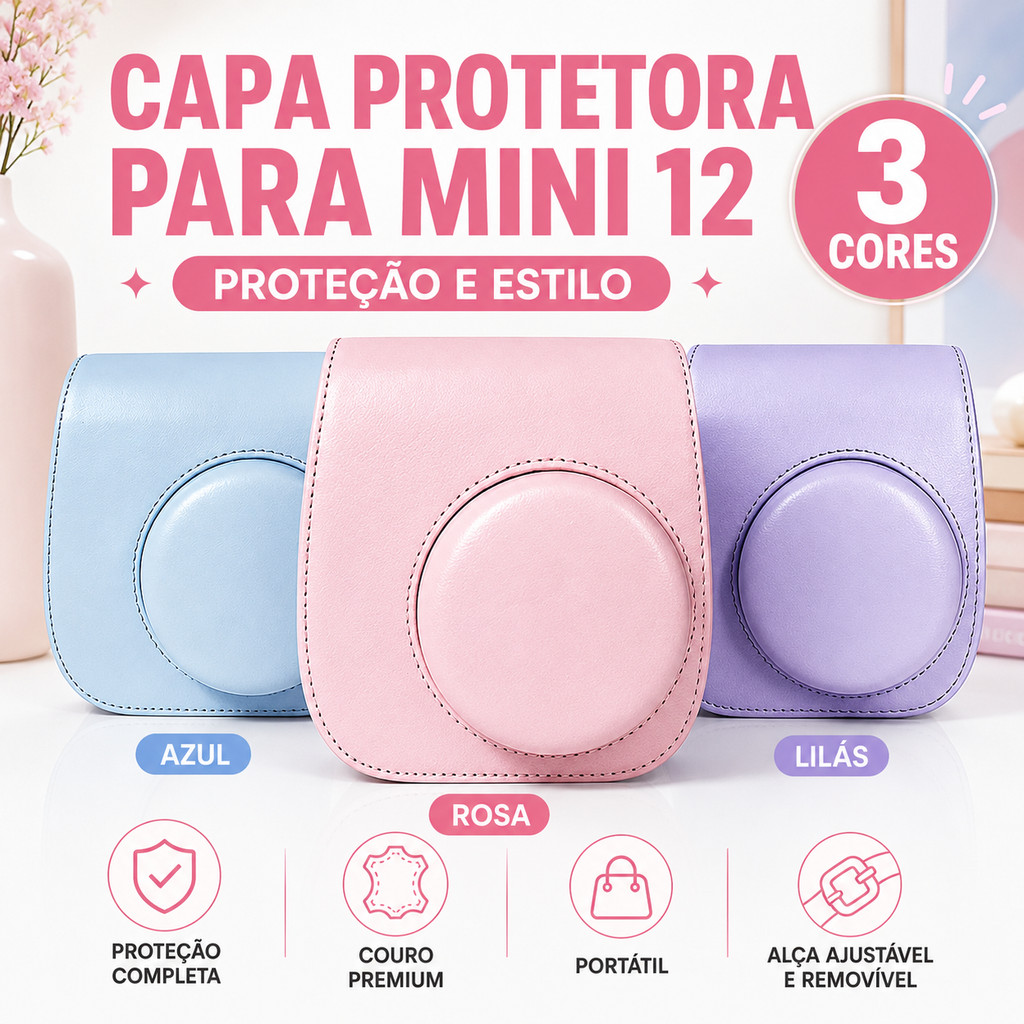 Capa Protetora De Couro Para Fujifilm Instax Mini 12 Com Alça Ajustável Removível , Portátil Câmera