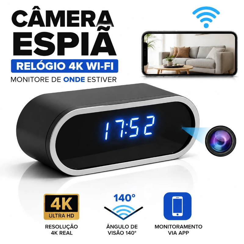 Câmera Espiã Relógio 4K Wi-Fi Monitoramento Babá Segurança App Android IOS Ângulo 140°