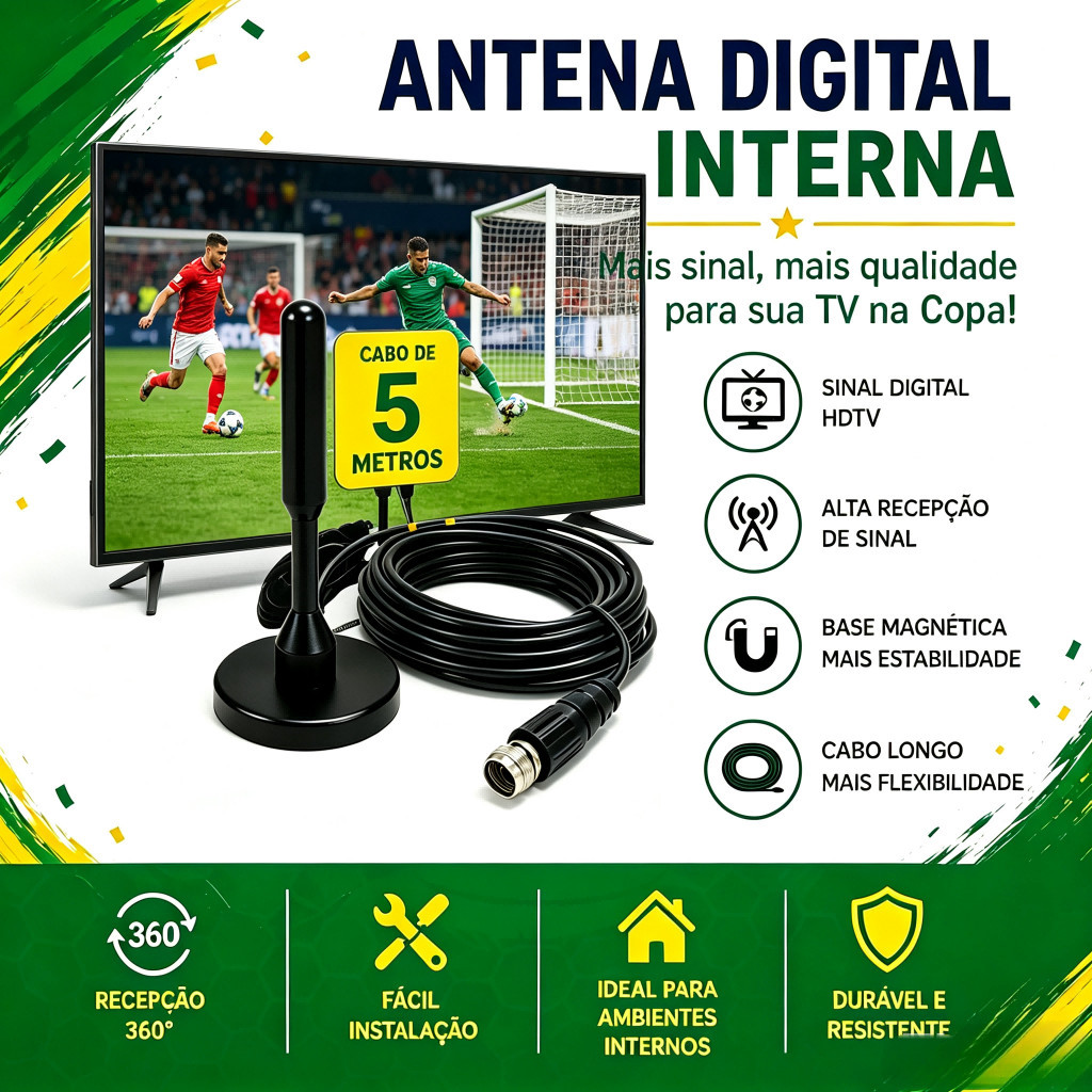 Antena Digital HDTV UHF VHF FM Interna e Externa Cabo 5mt Prova D'água  Base Imã Amplificada 3,5 dbi