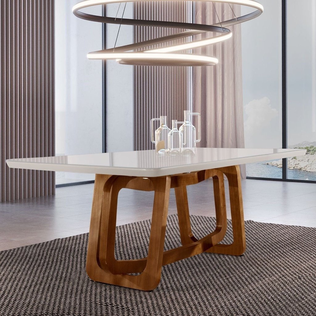 Mesa em Madeira Maciça 180x90cm Tampo Vidro Genova Yescasa Cinamomo/Off White