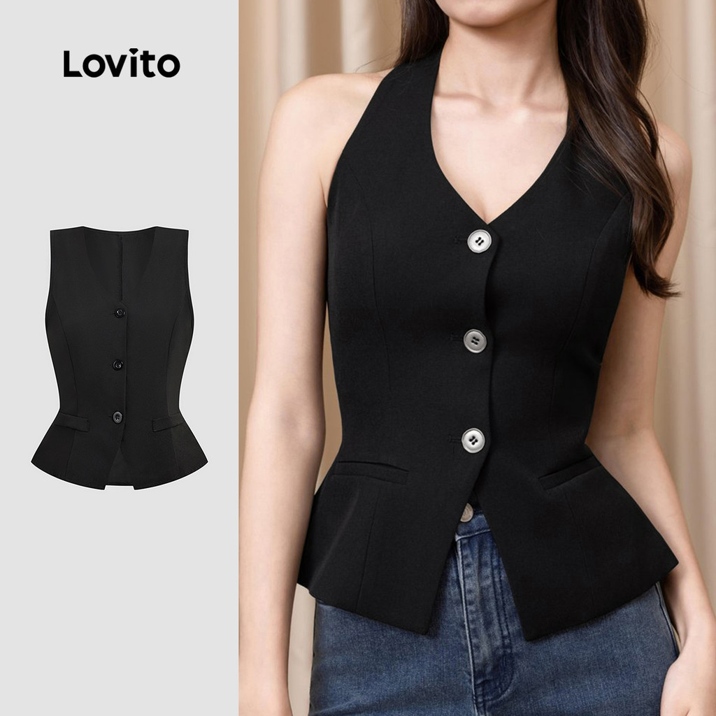 (Lovito x Ana) Alfaiataria Blusa Elegante de Botão Frontal com Fenda para Primav