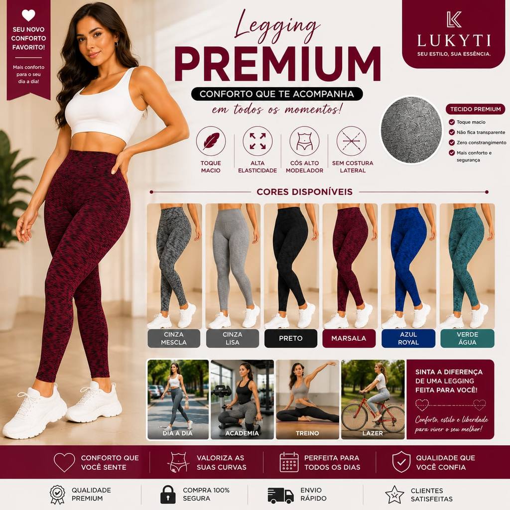 Legging Feminina Cós Alto Premium Sem Costura Lateral| Academia, Fitness s Dia a Dia