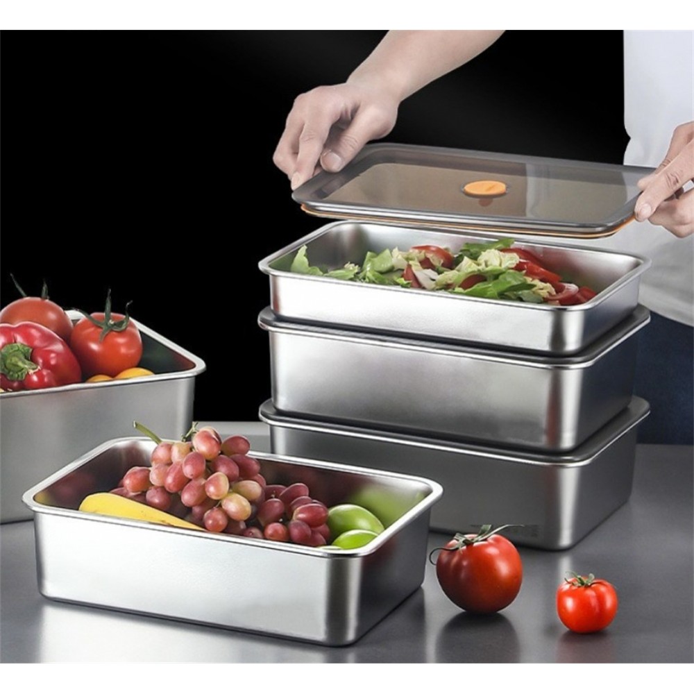 Grande Recipiente De Armazenamento De Aço Inoxidável Com Tampa Para Organizador De Carne De Geladeira