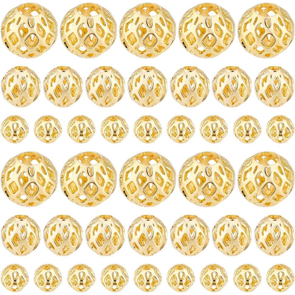 PH PandaHall 60 peças de contas redondas banhadas a ouro 18k, 3 tamanhos de contas redondas ocas de latão, contas espaça