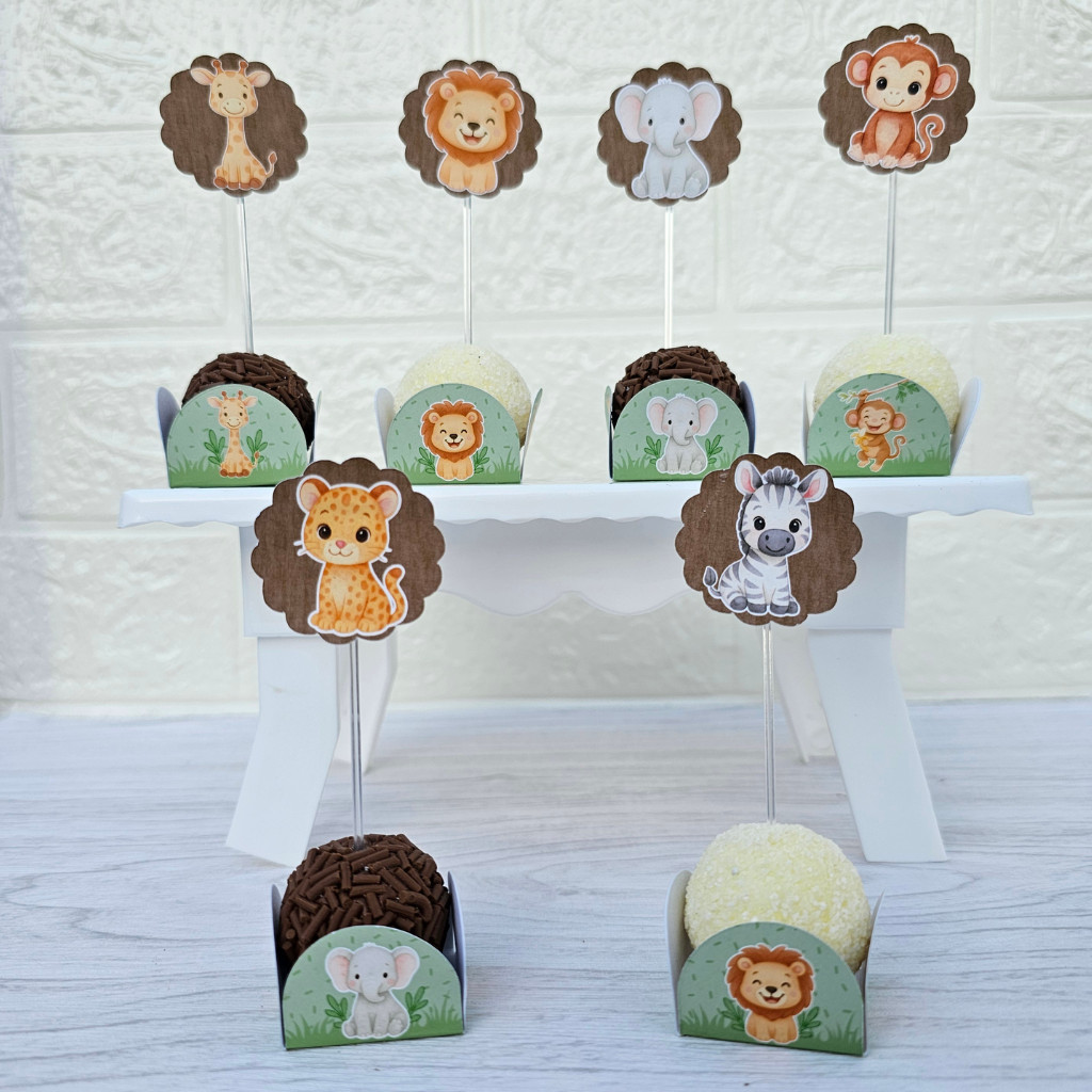 Kit Tags + Forminhas Doces Docinhos Topper Brigadeiro Infantil Festa Safari - LEIA A DESCRIÇÃO