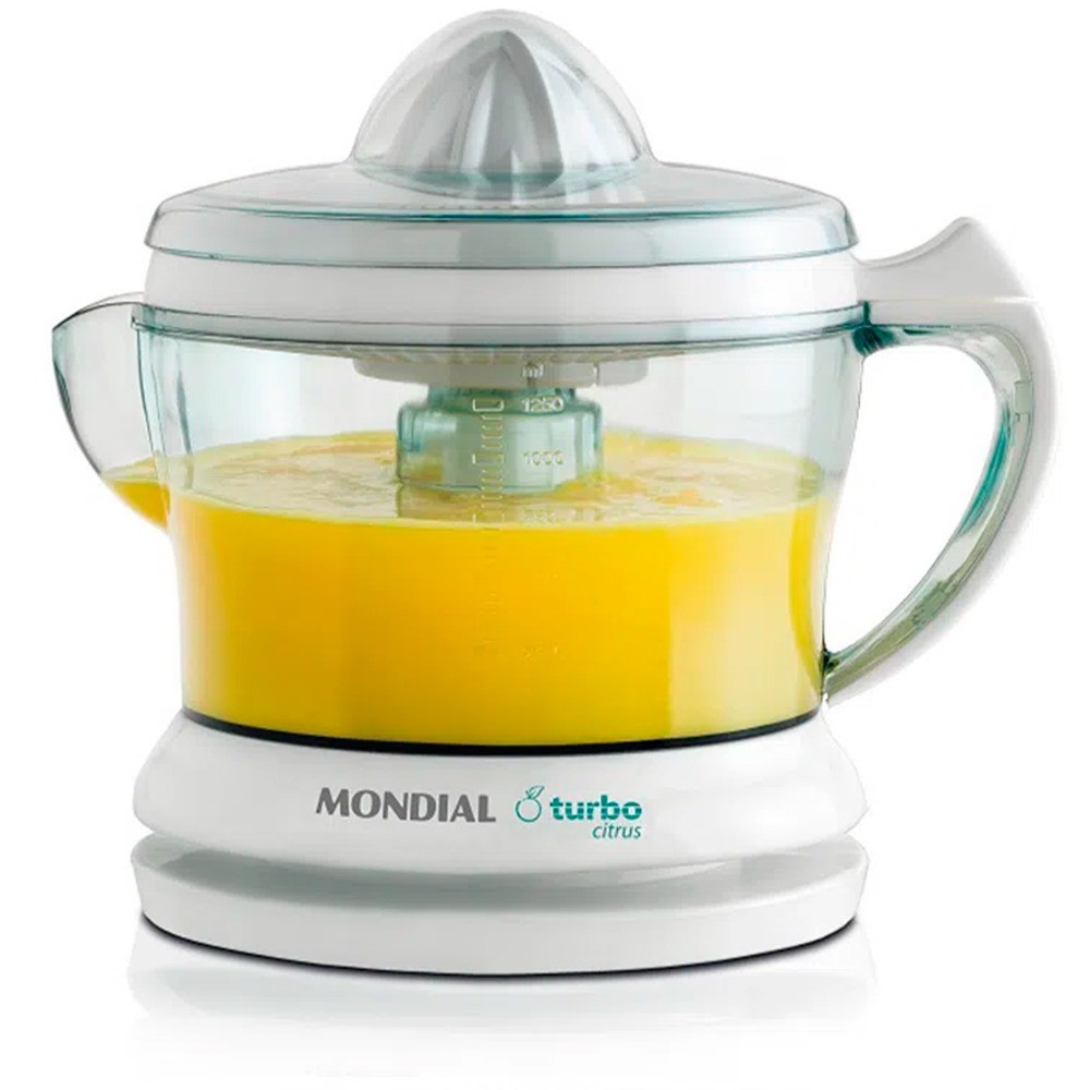 Espremedor de frutas Mondial Turbo Citrus branco com jarra transparente cheia de suco de laranja