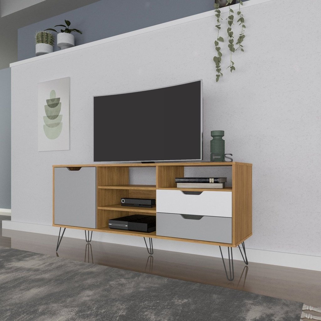 Rack Retrô MDF 140cm 60- Polegadas 1 Porta 2 Gavetas Estocolmo Cinza