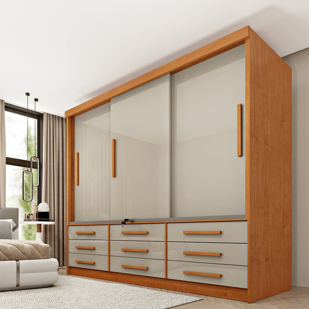 Guarda Roupa Casal 3 Portas 9 Gavetas 199cm Chicago Bege/Cinamomo/Off White Cinamomo/Off White