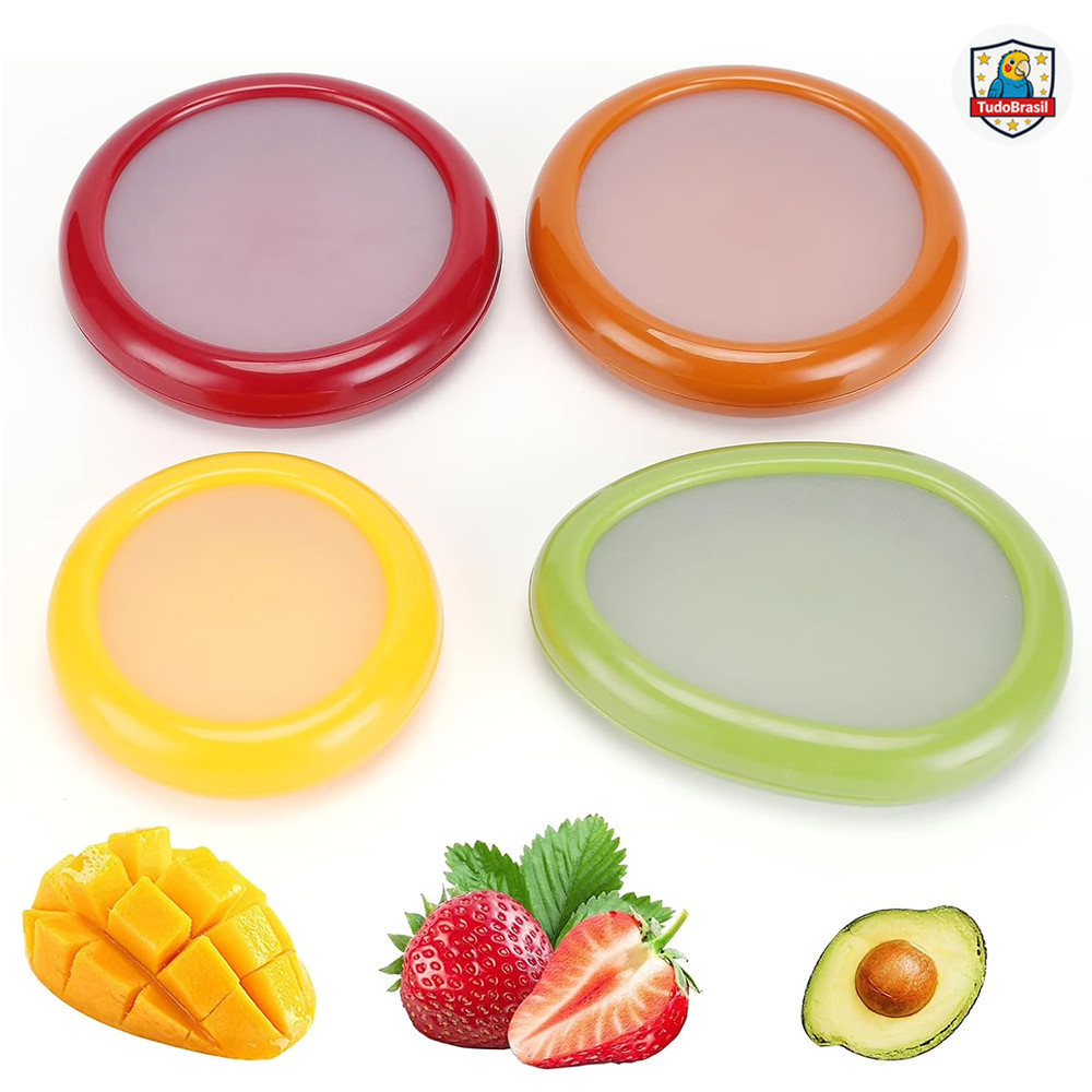 Conjunto de Caixas de Conservação com Tampa de Silicone – 4 Unidades Reutilizáveis para Frutas, Legumes e Refeições