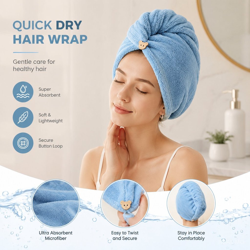 8/10/12 Conjuntos Toalha De Cabelo Absorvente Azul Confortável E Macia Enfeite Encantador