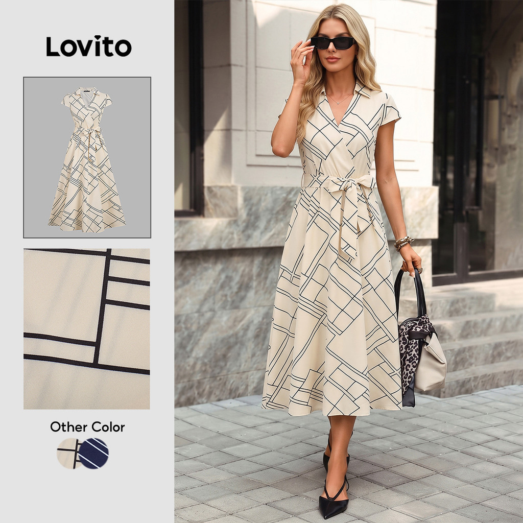 Lovito Elegante Vestido com cinto vestido primavera/verão para mulheres LK3LD407