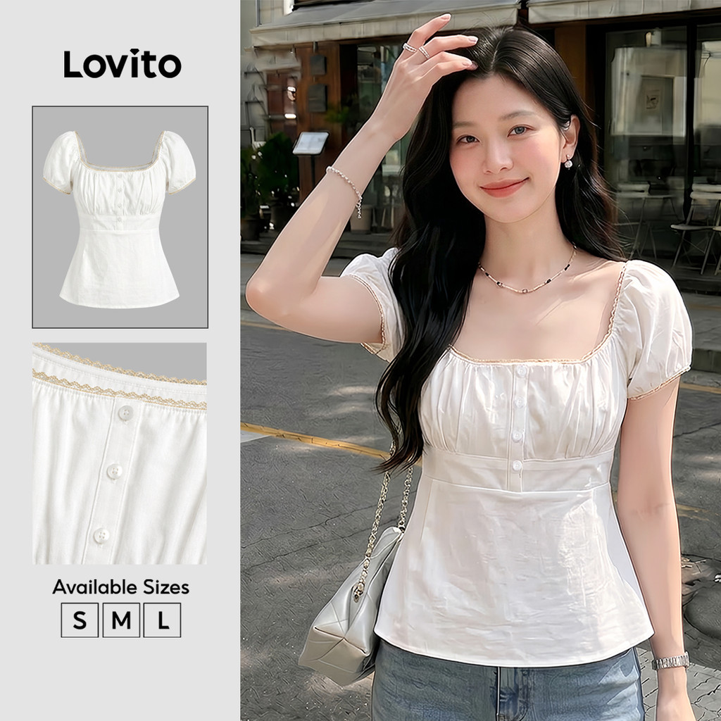 Lovito Casual Blusa Verão Botão Frente Renda Blusa Plissada Para Mulheres (Branc