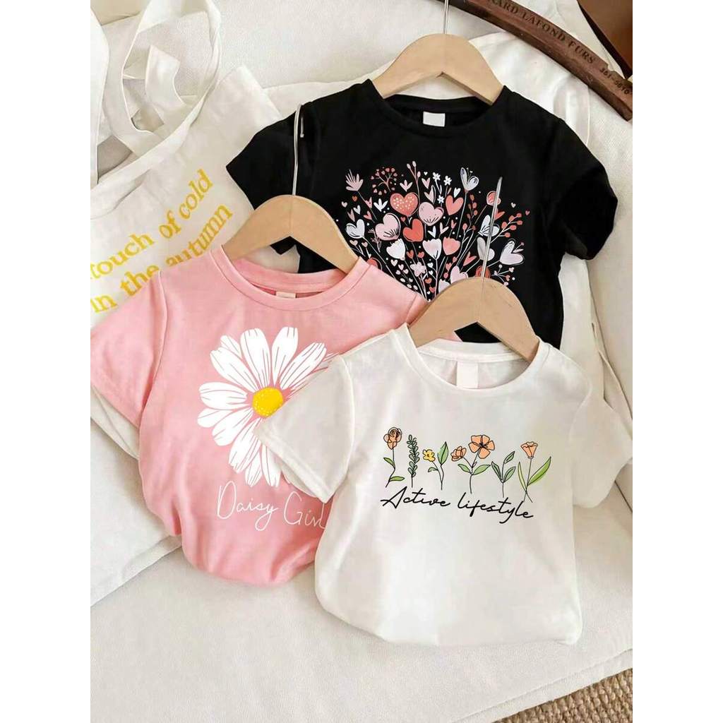 Kit 3 Camisetas Infantil Feminina Estampada Flores Look Blogueira Infantil 100% Algodão