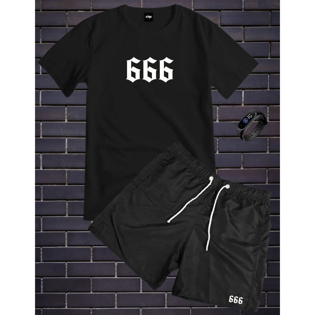 Conjunto Kit Camiseta 100% algodão + bermuda tactel estampada + RELOGIO DIGITAL A PROVA D'AGUA
