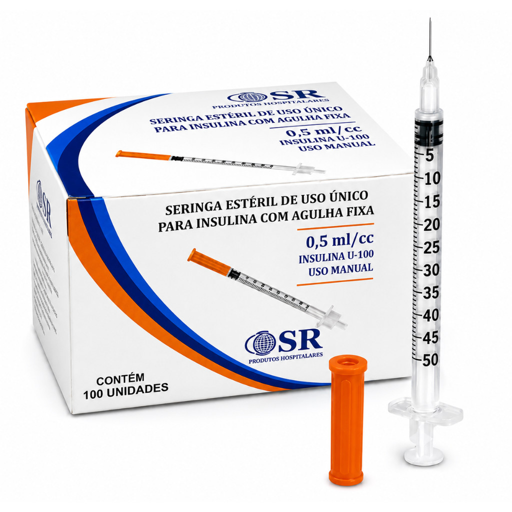 Seringa para Insulina SR 0,5ml U-100 Agulha Fixa 8mm x 0,30mm Estéril Descartável