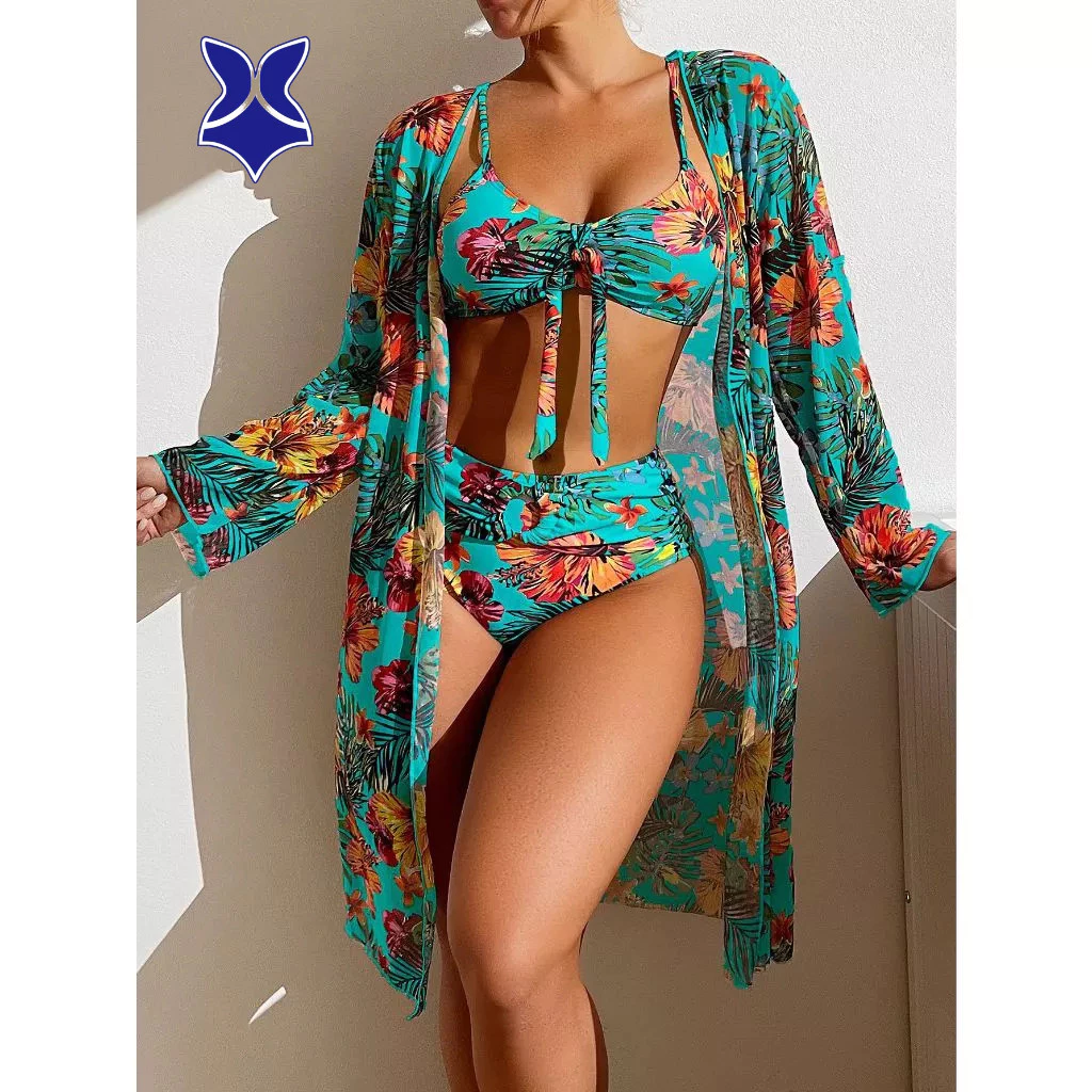 2026 novo estilo Sexy biquíni gaze conjunto de três peças reunindo Split impresso maiô feminino