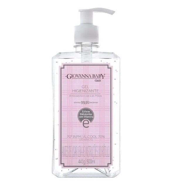 Gel Antisseptico Para as Maos Higienizante 70% Elimina 99,9% Das Bacterias CLASSIC Giovanna Baby 500ML