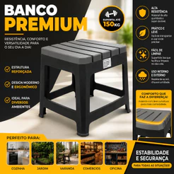Banqueta Plastica Reforcada Preto Alto Suporta Ate 150kg Banquinho Ideal Para Bar e Churrasco