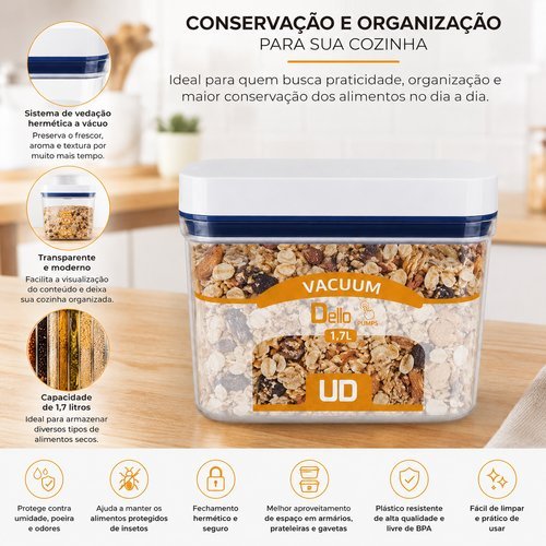 Pote Hermético 1,7L com Tampa Vacuum Pump Vedação a Vácuo Conservação de Alimentos