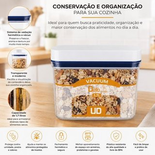 Pote Hermético 1,7L com Tampa Vacuum Pump Vedação a Vácuo Conservação de Alimentos