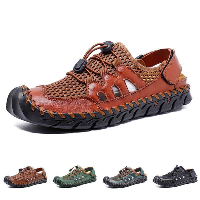 Sandálias da moda sapatos masculinos sapatos de praia malha masculinos Baotou sapatos de vadear couro respirável